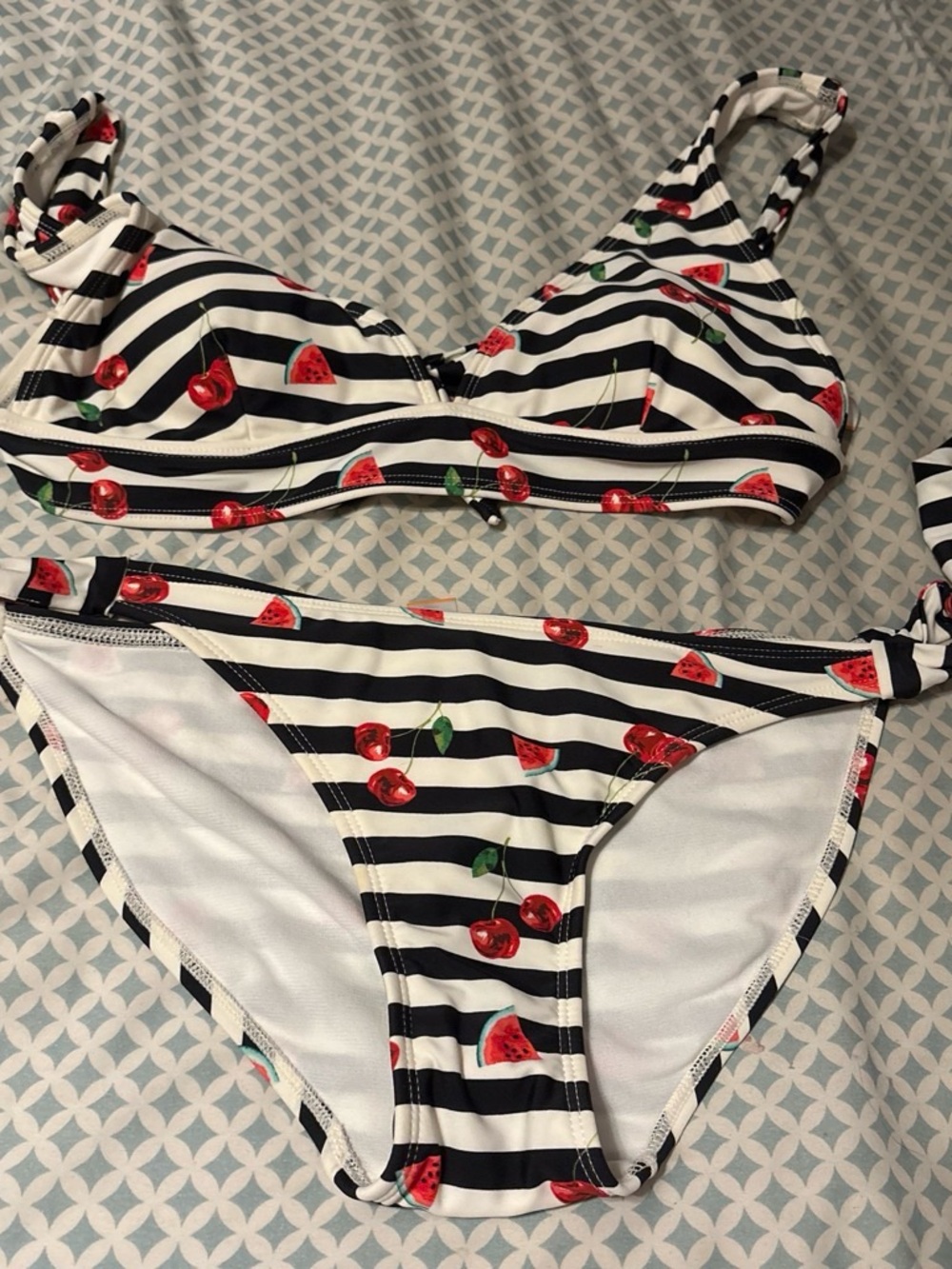 No Boundaries Black and White Striped Bikini with Red Cherry & Watermelon Print